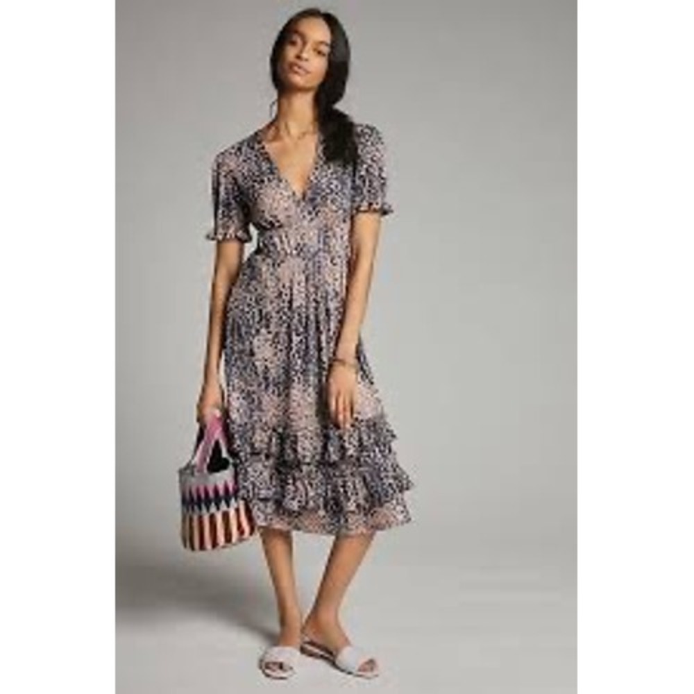 Hutch Adelia Ruffled Midi Dress V-Neck Smocked Waist Pink/Black SP